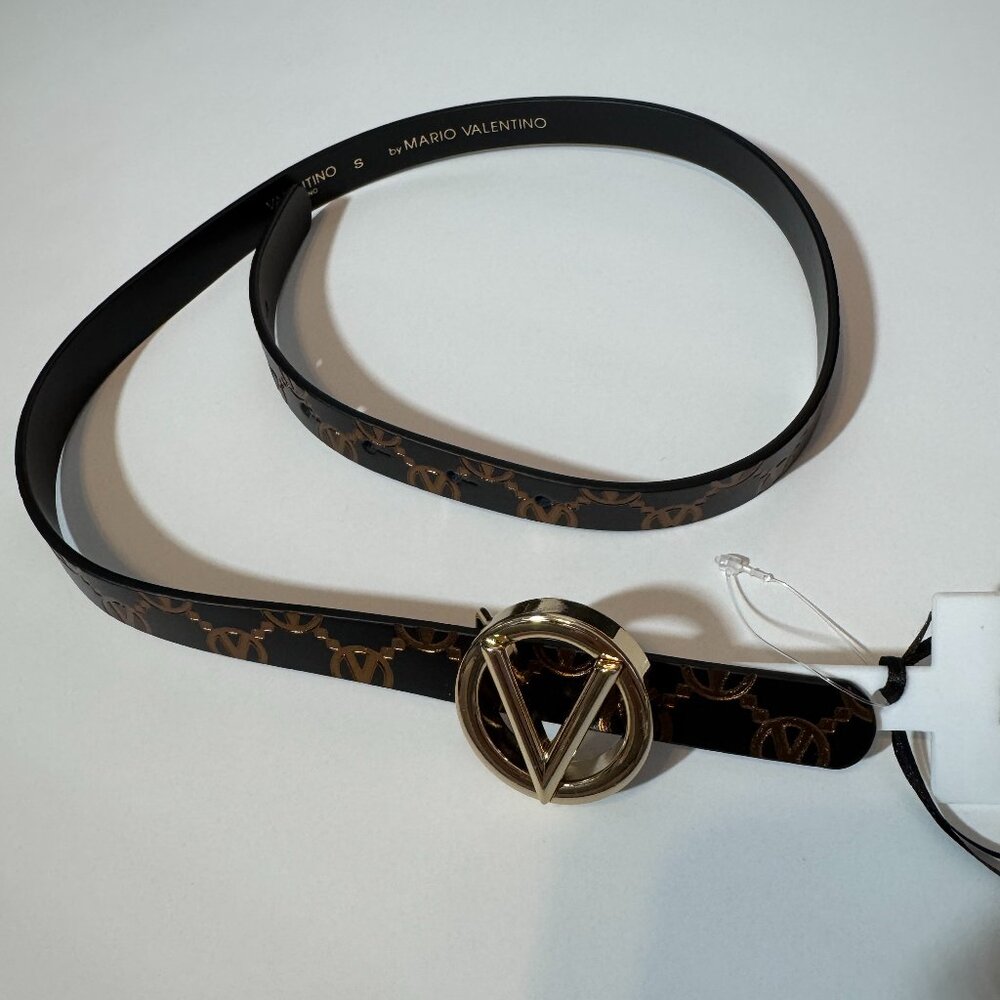 NEW VALENTINO AUTHENTIC MONOGRAM THIN LEATHER BLACK BELT​​ GOLD BUCKLE SMALL
